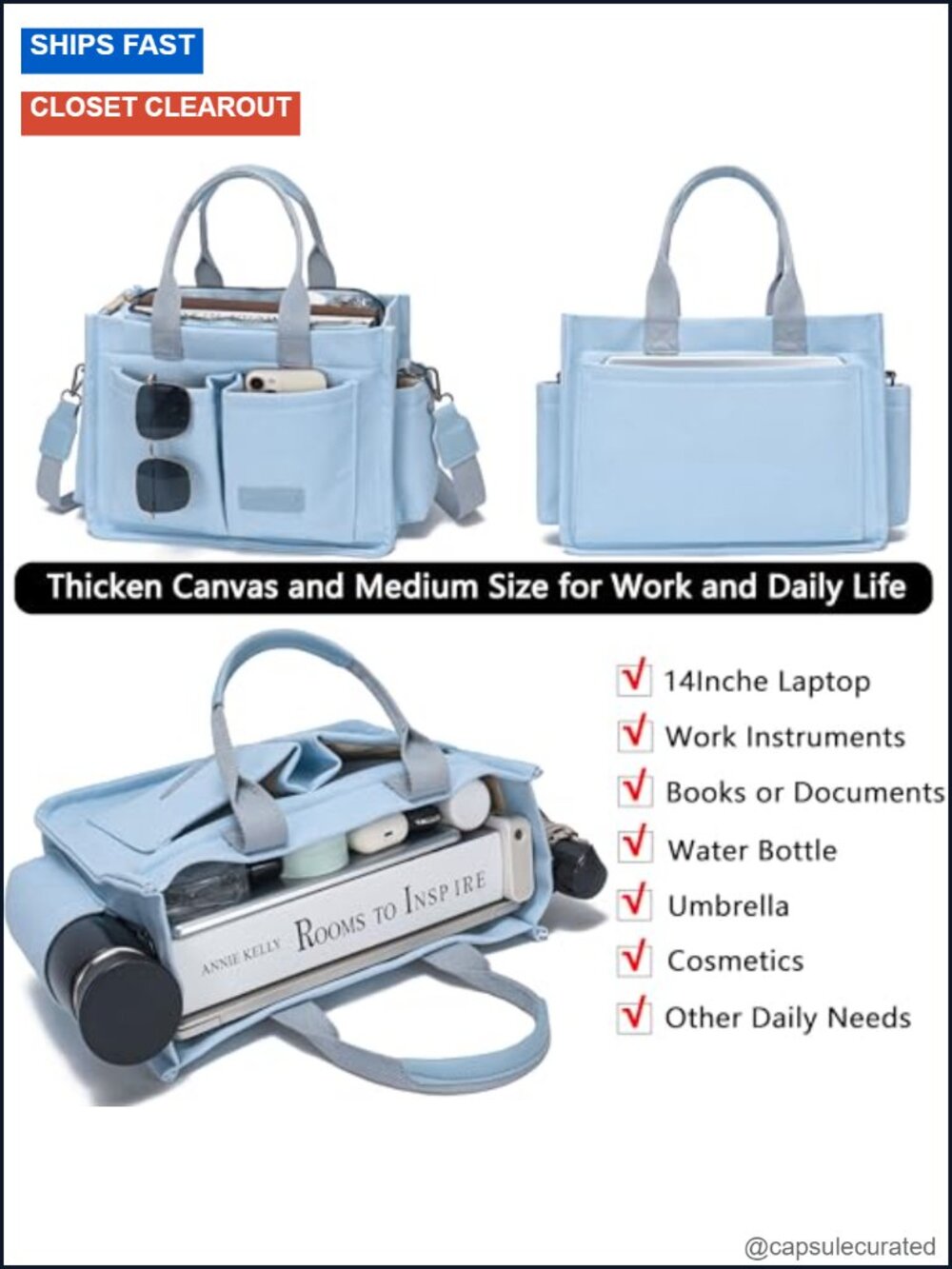 Large Canvas Tote Bag with Laptop Compartment Crossbody Work Travel Tote for - Picture 3 of 6